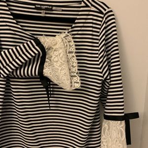 EUC Karl Lagerfeld Black and White Striped Lace-Trim Blouse French Inspired M